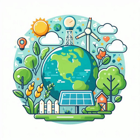 Ecology vector illustration. Solar panels, wind turbines, solar panels, flowers and trees.のイラスト素材
