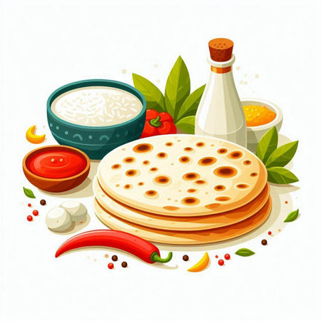 Illustration of traditional mexican tortillas with ingredients on white backgroundのイラスト素材