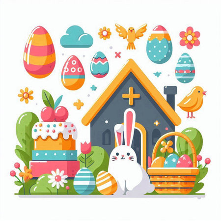 Easter greeting card with cute bunny, eggs, basket, cake, flowers, basket. Happy Easter concept. Vector illustrationのイラスト素材
