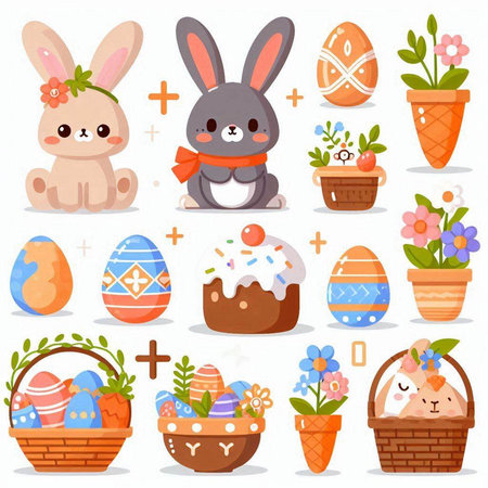 Easter set with cute bunny, eggs and flowers. Vector illustrationのイラスト素材