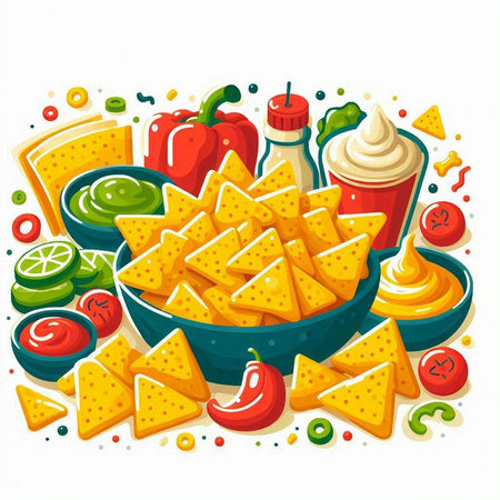 Mexican nachos with guacamole sauce and ingredients. Vector illustrationのイラスト素材