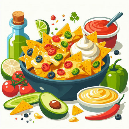 Mexican food vector illustration. Nachos, salsa, guacamole, cheese, guacamole, tortilla chips, chili pepper, cherry tomatoes, avocado, lime, sauce in bowl.のイラスト素材