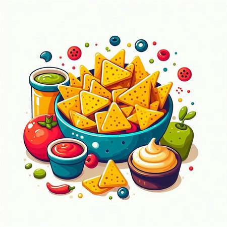 Vector illustration of nachos in bowl with guacamoleのイラスト素材