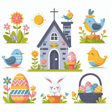 Easter set with eggs, birds and bunny. Vector illustration.のイラスト素材