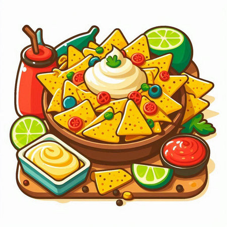 Nachos with guacamole and salsa. Vector illustration.のイラスト素材