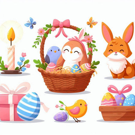 Easter basket with cute animals and eggs. Vector cartoon illustration.のイラスト素材
