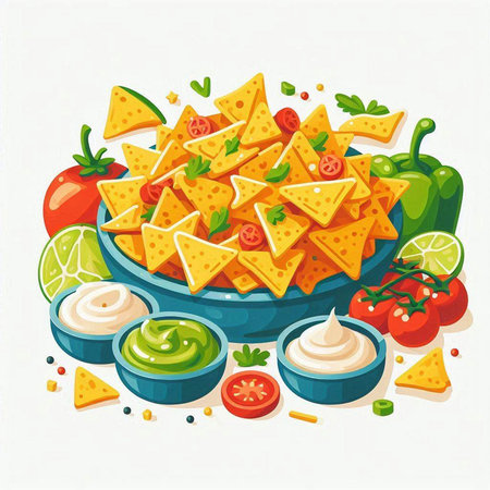 Mexican nachos with sauce and ingredients, vector illustration.のイラスト素材