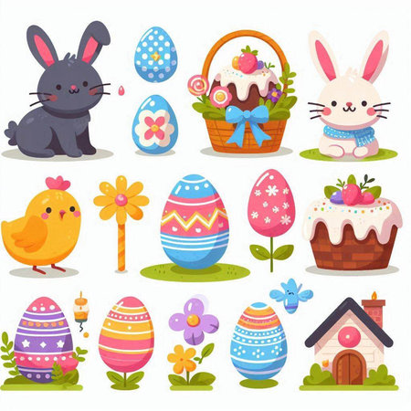 Set of cute cartoon Easter bunnies, eggs and flowers. Vector illustration.のイラスト素材