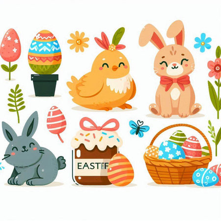 Cute Easter bunnies, eggs and sweets. Vector illustration.のイラスト素材