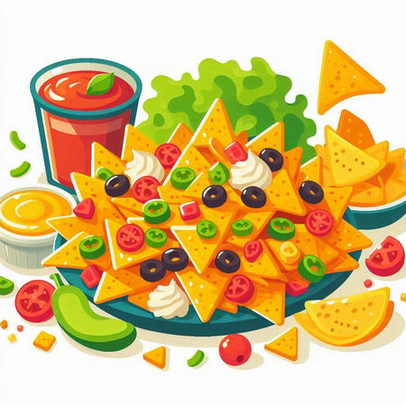 Vector illustration of nachos with salsa, cheese and olivesのイラスト素材
