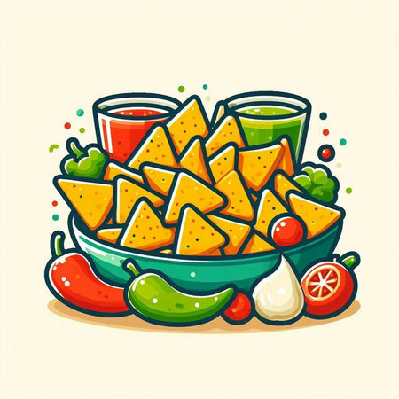 Nachos with salsa and guacamole, vector illustrationのイラスト素材