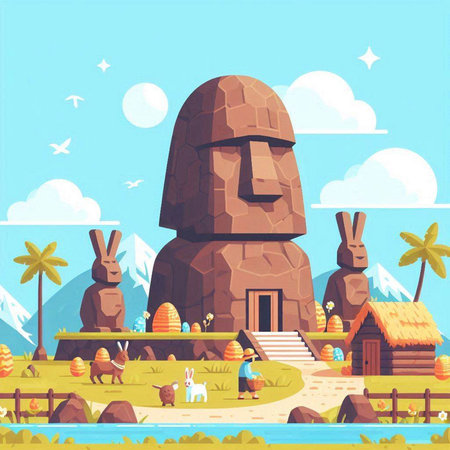 Cute cartoon vector illustration of prehistoric landscape with stone pyramids, houses and animalsのイラスト素材