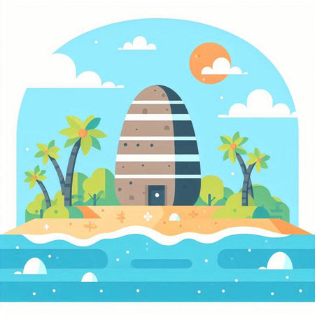 Vector illustration of an island in the ocean with palm trees and a lighthouseのイラスト素材