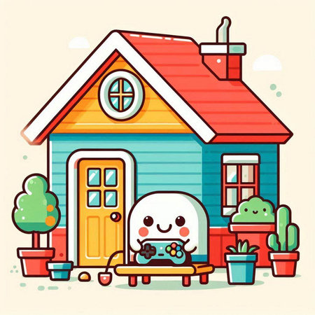 Vector illustration of cute cartoon house in flat style. Cute house with a happy face.のイラスト素材