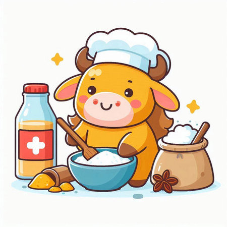 Cute cow in chef hat with flour and milk. Vector illustration.のイラスト素材