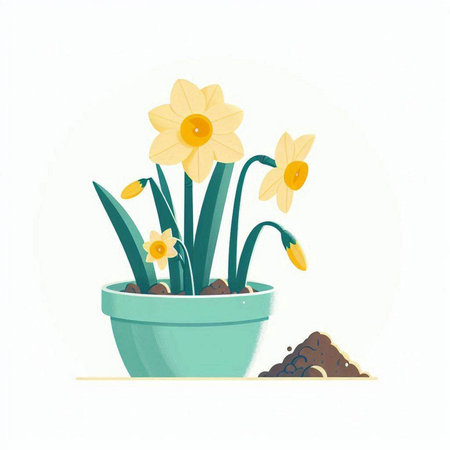 Flower pot with daffodils on a white background.のイラスト素材