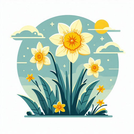 Daffodil flowers in the field. Flat style. Vector illustration.のイラスト素材