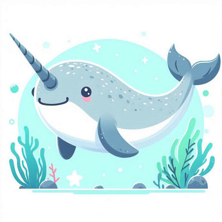 Cute cartoon narwhal. Vector illustration on white background.のイラスト素材