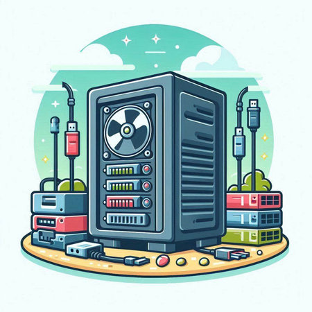 Illustration of a computer server on the background of the city.のイラスト素材
