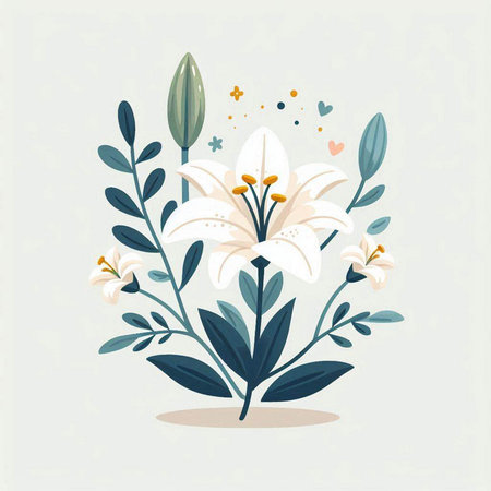 Floral background with white lilies and green leaves. Vector illustration.のイラスト素材