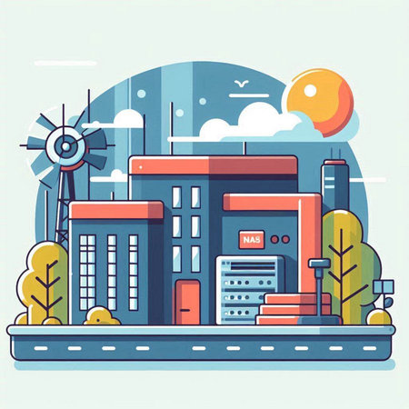Modern cityscape with buildings and roads. Vector illustration in flat styleのイラスト素材