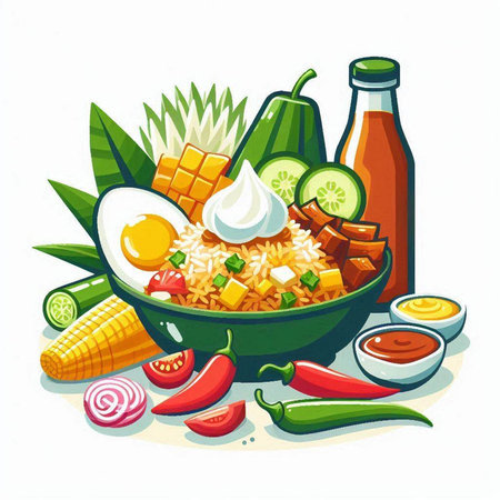 Illustration of a bowl of rice with vegetables, egg and sauceのイラスト素材