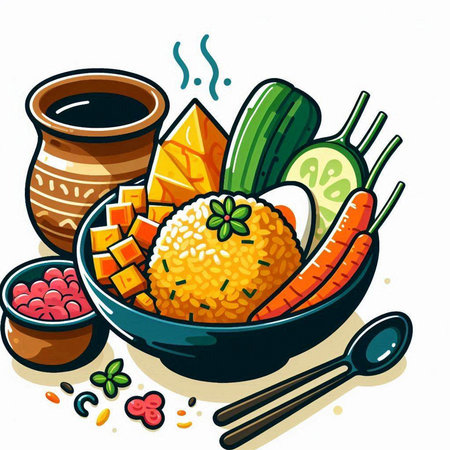 Illustration of a bowl of fried rice with vegetables and chopsticksのイラスト素材