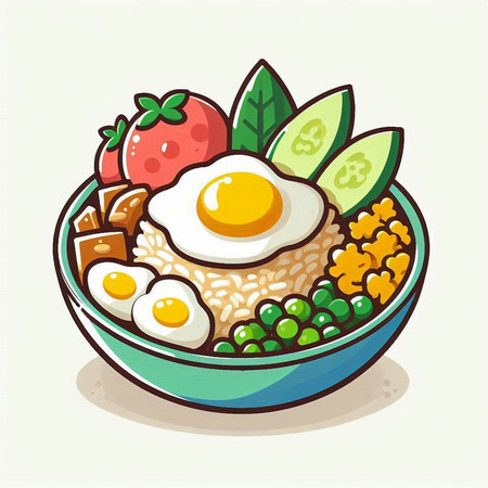 Illustration of a bowl of rice with fried egg and fresh vegetablesのイラスト素材