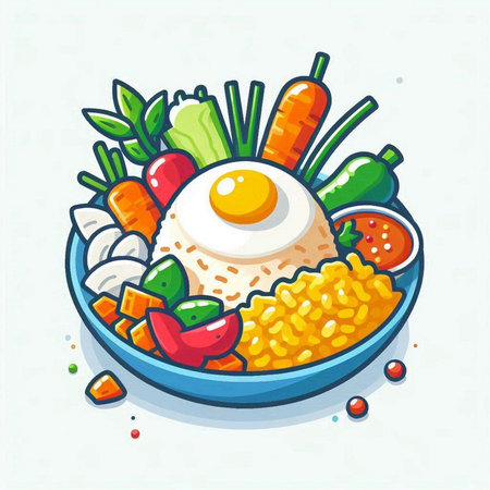 Bowl of rice with fried egg and vegetables. Vector illustration.のイラスト素材