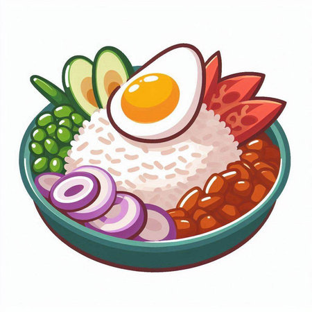 Illustration of a bowl of japanese rice with egg and vegetablesのイラスト素材