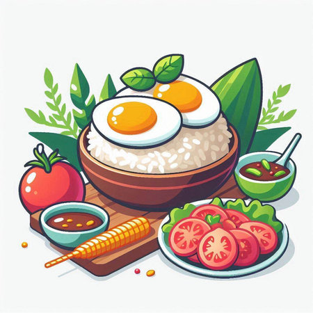 Vegetarian food. Vector illustration of a bowl of rice with egg and vegetables.のイラスト素材