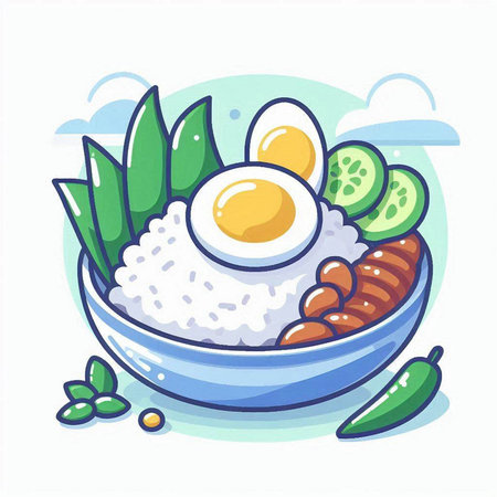 Illustration of a bowl of rice with fried egg and vegetables.のイラスト素材
