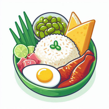 Illustration of a plate of rice, egg, fish and vegetablesのイラスト素材