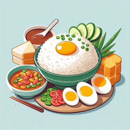 Illustration of a bowl of rice with fried egg and vegetables.のイラスト素材