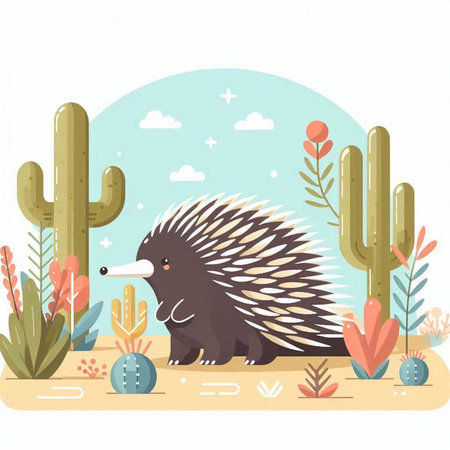 Vector illustration of a cute echidna with cactuses in the desertのイラスト素材
