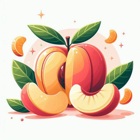 Peach fruit with green leaves on white background. Vector illustration.のイラスト素材