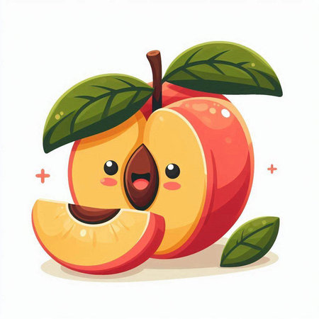 Cute peach fruit character. Vector illustration isolated on white background.のイラスト素材