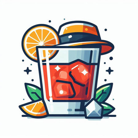 Cocktail with orange, ice and hat. Vector illustration.のイラスト素材