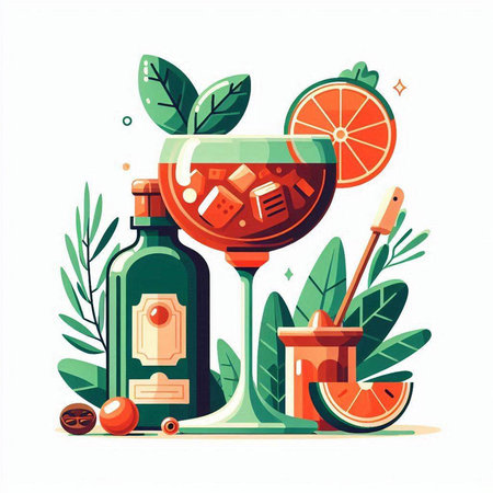 Cocktail flat vector illustration. Alcoholic drink with ice cubes, rum, rum, grapefruit, olives, wine and ice cubes.のイラスト素材