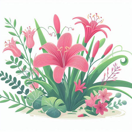 vector illustration of pink lily flowers and green leaves on white backgroundのイラスト素材