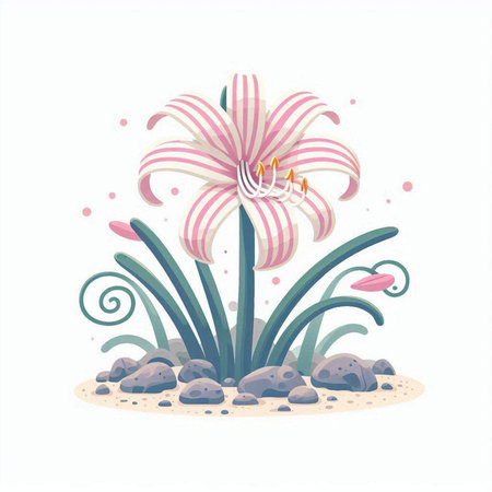 Beautiful pink lily flower on the beach. Vector illustration.のイラスト素材