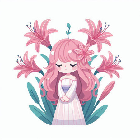 Cute cartoon girl with pink lily flowers. Vector illustration.のイラスト素材