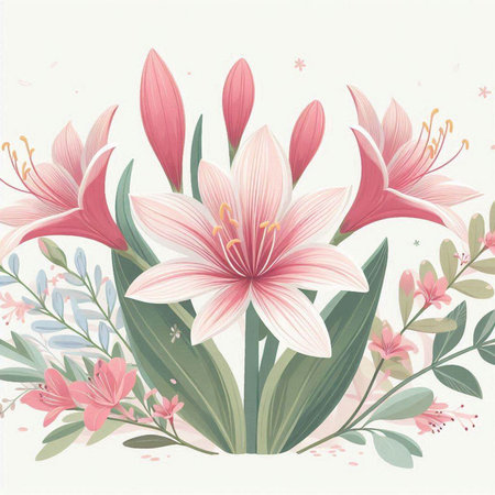 Floral background with pink lilies and green leaves. Vector illustration.のイラスト素材
