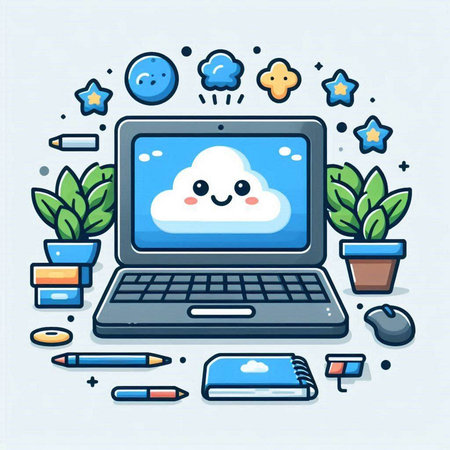Laptop computer with cloud on screen. Cute cartoon vector illustration.のイラスト素材