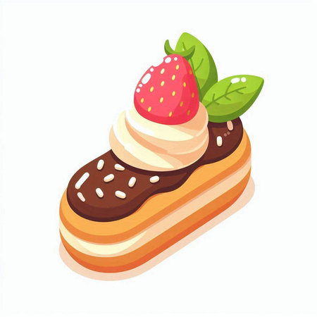 Delicious waffle with whipped cream and strawberries. Vector illustration.のイラスト素材