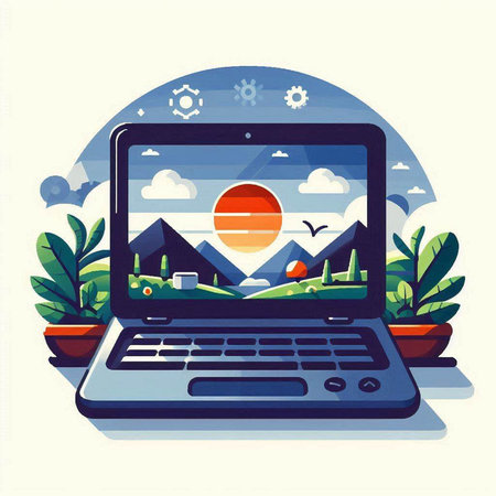 Laptop computer with nature landscape on screen. Flat style vector illustration.のイラスト素材