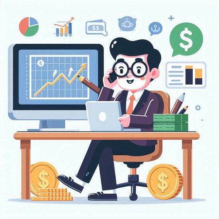 Businessman sitting at the desk and working on laptop. Vector illustrationのイラスト素材