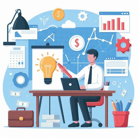 Businessman sitting at desk and working on laptop. Vector illustration in flat styleのイラスト素材