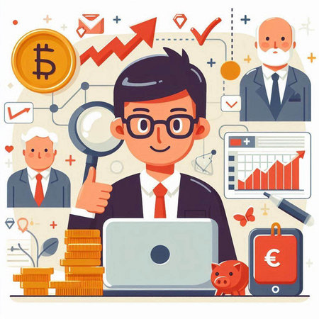 Businessman with magnifying glass and laptop. Flat vector illustration.のイラスト素材