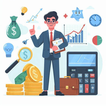 Businessman with calculator, money bag and coins. Vector illustration.のイラスト素材